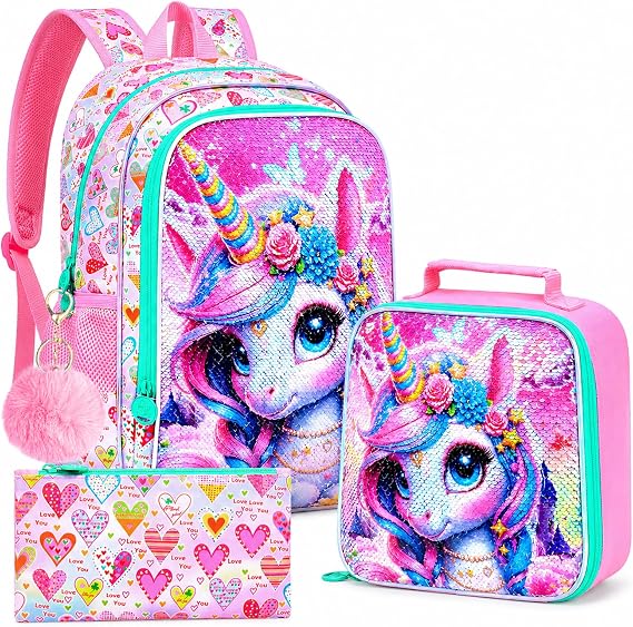 gxtvo 2-in-1 Backpack for Girls, 17" Kids Sequins Elementary Bookbag with Built-in Bottom Lunch Compartment and Pencil Bag
