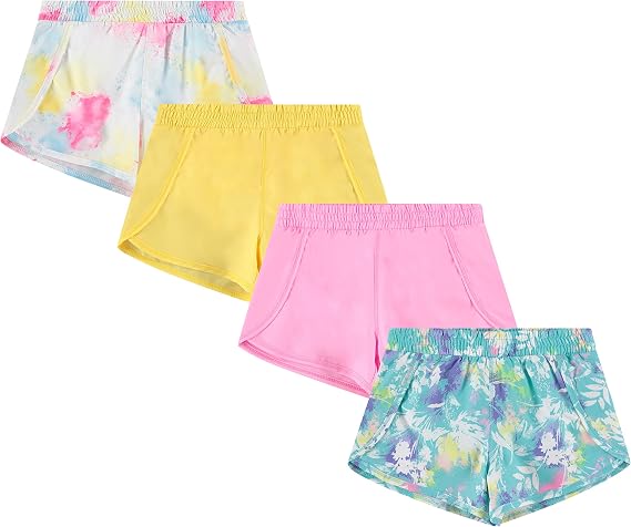 BTween Girls 4 Piece Summer Shorts Performance Dolphin Shorts Sports Running Shorts for Kids Assorted Colors