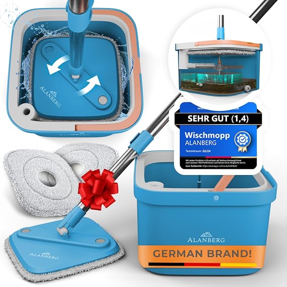 ALANBERG Mop, Self-Wringing Dual-Chamber Bucket Set, Blue