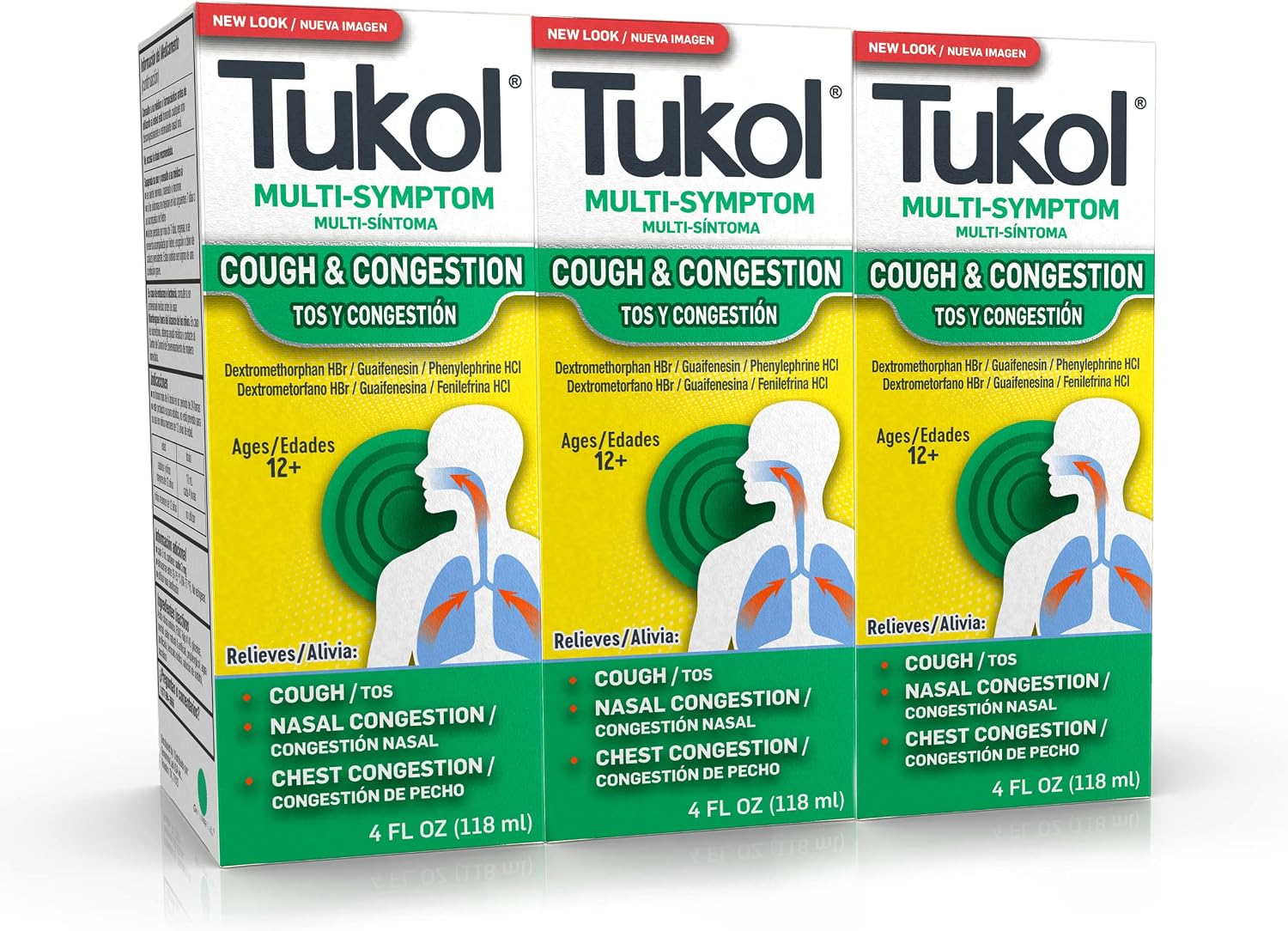 Tukol Cough Medicine for Adults, Multi-Symptom Cough Syrup with Dextromethorphan, DXM Cough Suppressant & Expectorant, Ages 12, Powerful Relief for Cough, Chest, and Nasal Congestion- 4 Fl Oz, 3 pack