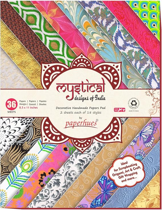 Paperhues Mystical Designs of India Handmade Scrapbook Paper 8.5 x 11" Pad, 36 Sheets (2 sheets each of 18 styles)
