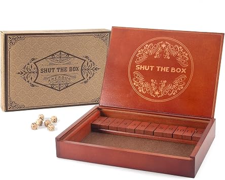 AMEROUS Shut The Box Dice Game,Wooden Board Table Math Game with Lid - 6 Dice - Gift Package - Rules, Classic Board Game for Kids Adults, Family