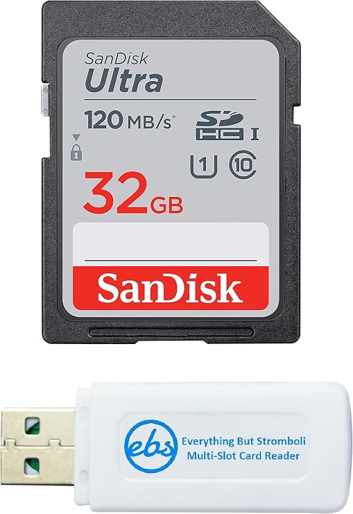 SanDisk 32GB SDHC Ultra Memory Card Works with Panasonic Lumix DC-FZ80, DC-ZS70, DMC-FZ300, DMC-LX10 Digital Camera (SDSDUN4-032G-GN6IN) Bundle with (1) Everything But Stromboli SD Card Reader