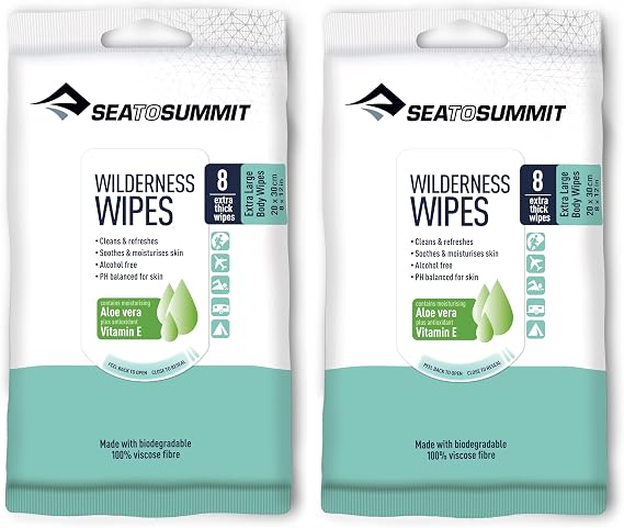Sea to Summit XL Wilderness Wipes Body Wipes, 2-Pack (8 Wipes per Pack) | Extra-thick, oversize no-rinse viscose body wipes remove sweat and odor when a shower isn't available on the trail