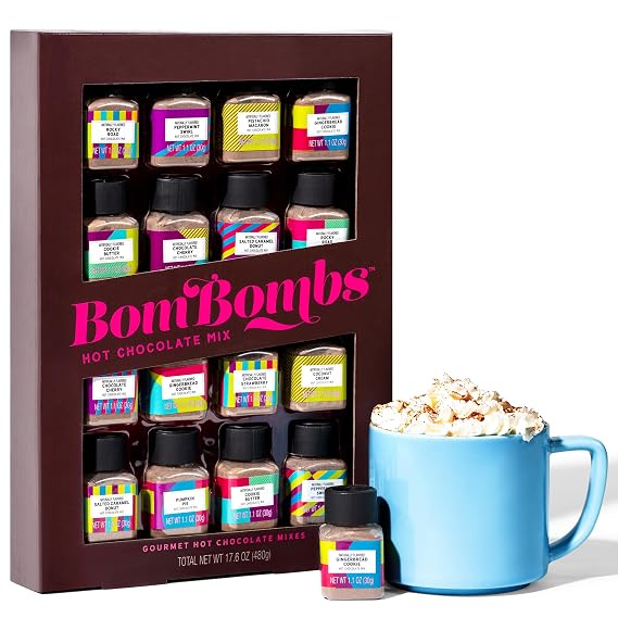 BomBombs Hot Chocolate Mix Gift Set, Mini Bottle Collection, Set of 16 | Gourmet Cocoa Mix, Chocolate Lover Gift, Cozy Nights, Stocking Stuffers, Movie Night, Holiday Gifts, Winter Treats