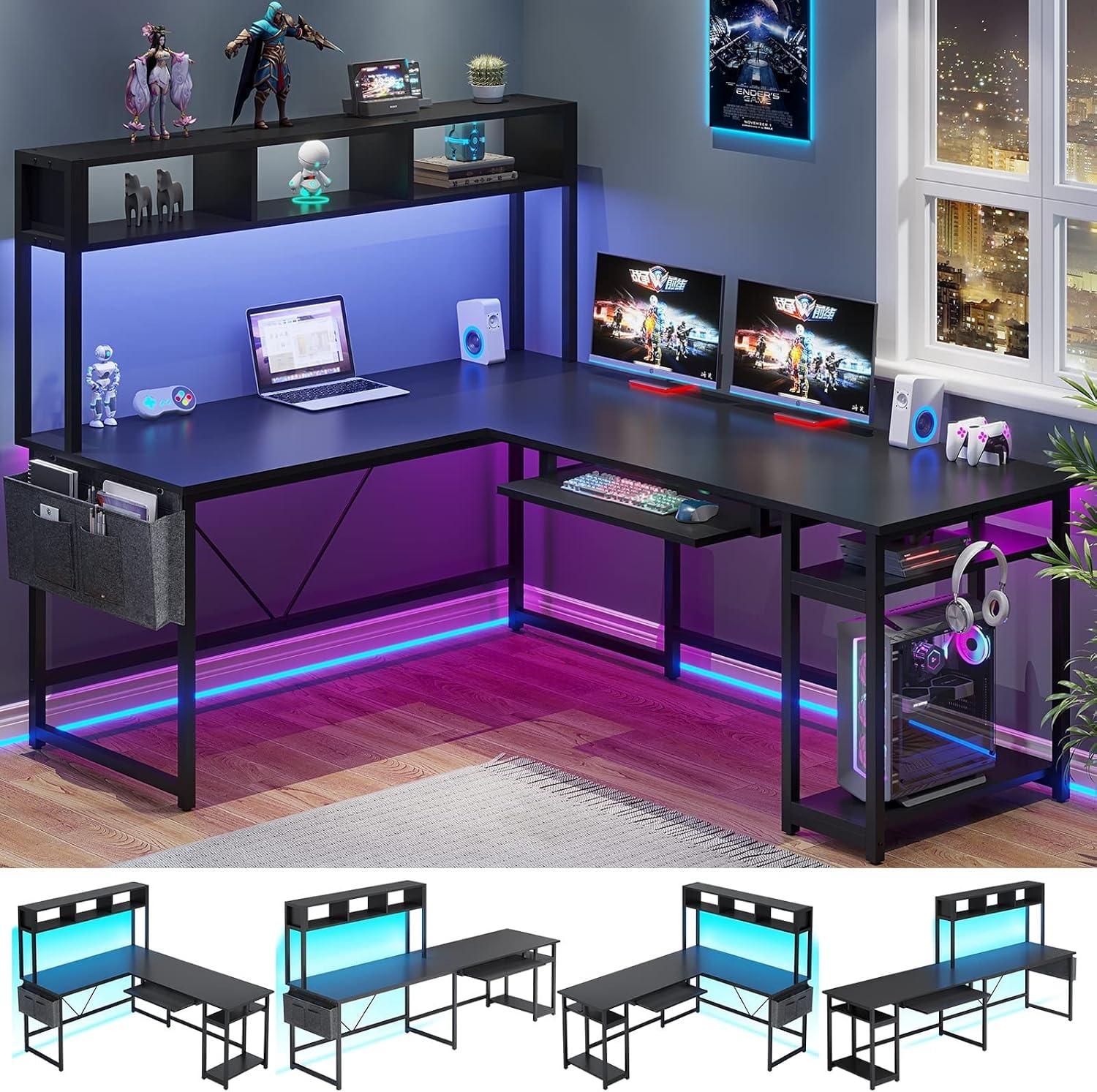 DEHIWI L Shaped Gaming Desk, Reversible 94.5” Computer Desk, Gaming Desk with Led Lights, Keyboard Tray and Storage Bag for Home Office, Black