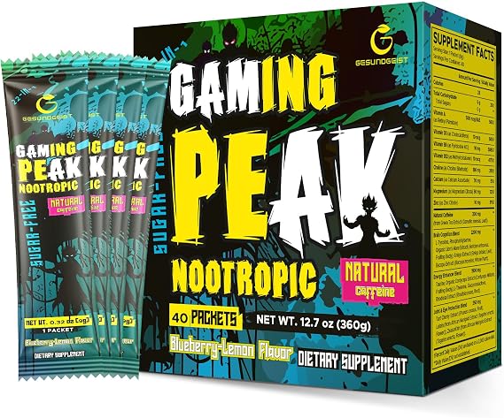 Energy Drink Powder Gaming Focus Formula with Nootropics & Natural Caffeine for Attention, Accuracy & Reaction Sugar-Free, Vegan Blueberry Lemon 40 Individual Sticks