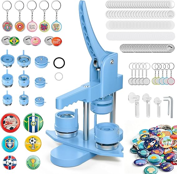 Badge Maker Button Machine Multiple Sizes 1+1.25+2.25 inch(25+32+58 mm) 300 Plastic Pin Maker, KEYSAFER DIY Badge Press Machine with 10 Bottle Opener, 10 Key Chain Suits, Molds & Round Paper Cutter