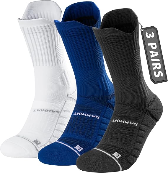 Compression Running Socks 3 Pairs, Cushion Crew Socks, Anti-Blister Moisture Wicking Athletic Hiking Basketball Socks