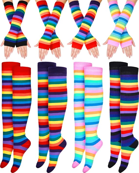 Chuarry 8 Pairs Rainbow Striped Thigh High Socks,Mixed Color,Classic Style