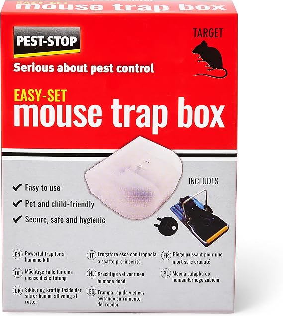 Pest-Stop Easy Set Mouse Trap Box – Reusable Snap Trap in Enclosed Housing – Indoor Use – Safe for Homes with Pets & Children – Quick Set-Up, Durable Plastic – Black