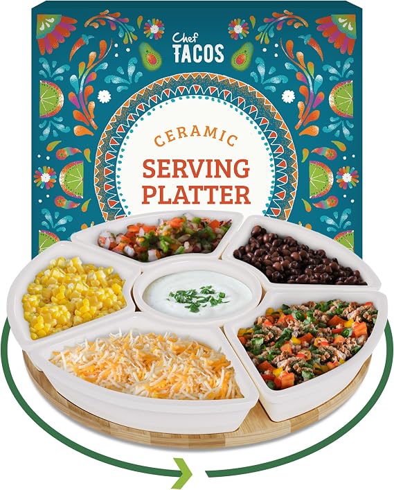 Ceramic Taco Lazy Susan, Taco Serving Platter, 6 Bowls, 10.2 in | Lazy Susan Serving Platter, 6 Removable Taco Bar Serving Set for a Party, Dishwasher, Microwave Safe Taco Serving Set Tray