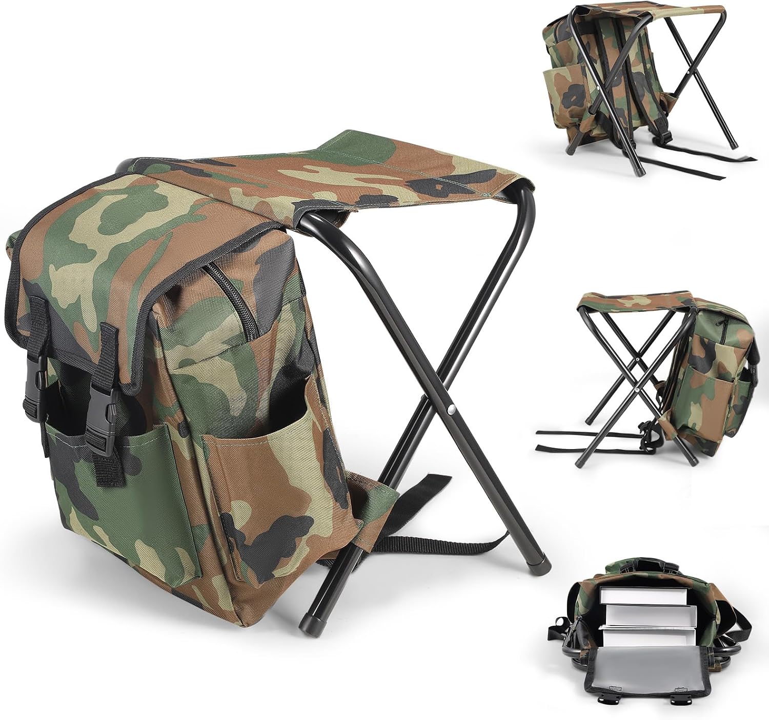 Fishing Stool Backpack, Folding Camping Chair with Backpack, Portable Fishing Tackle Seat Bag, Waterproof Rucksack with Seat 100kg Max Load for Hiking Fishing Picnic Travel Beach BBQ, 10L, Camouflage