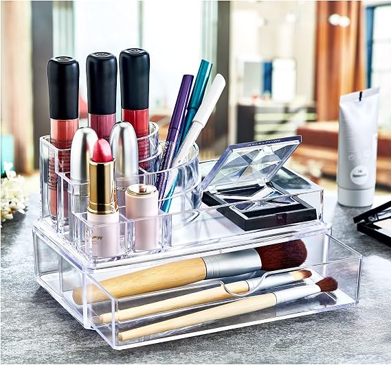 Deconox 9 Compartment Drawer Podium Cosmetic Product Organizer, Podium Shaped Acrylic Makeup Organizer...