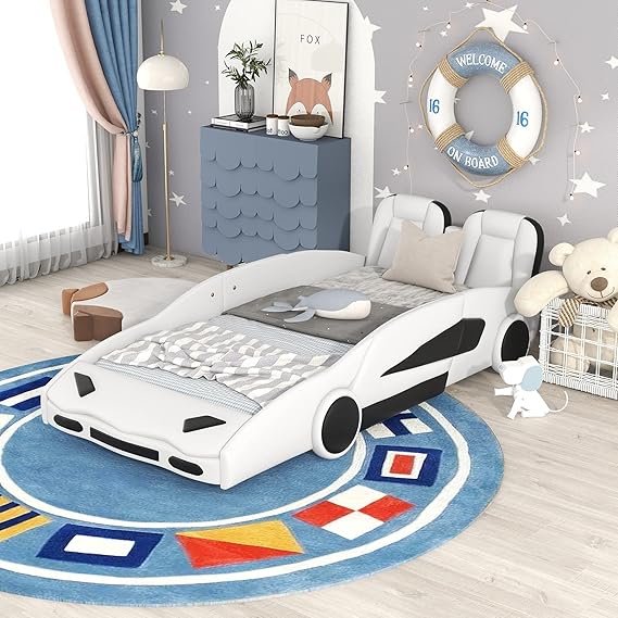 Twin Size Race Car-Shaped Platform Bed with Wheels,Wooden Bed Frame with 2 Seats Backrest and Sturdy Slats Support & Guardrails for Kids Teens Boys Girls,Easy Assembly (White-01)