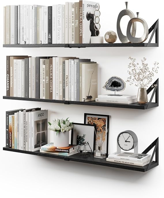 CASSA NOKO Wall Mounted Floating Book Shelves for Wall Set of 3, Shelf Bookshelf for Bedroom Living Room Office Bathroom Kitchen Rustic Wood with Metal Bracket (Large Black)
