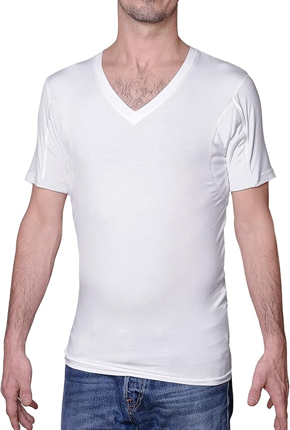Sweatproof Undershirt for Men, V-Neck, White, Sweat Pads
