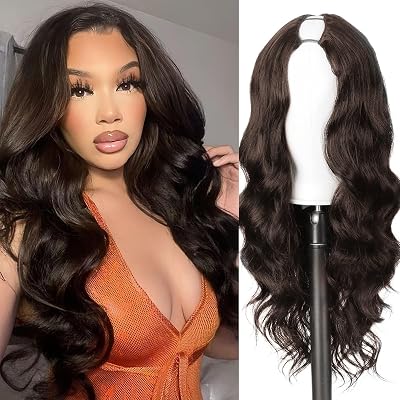 KRSI Black V Part Wig 24" Long Body Wave Synthetic U V Part Half Wigs Glueless Upgrade U Part Wig Glueless Full Head Clip in Hair Extensions for Black Women