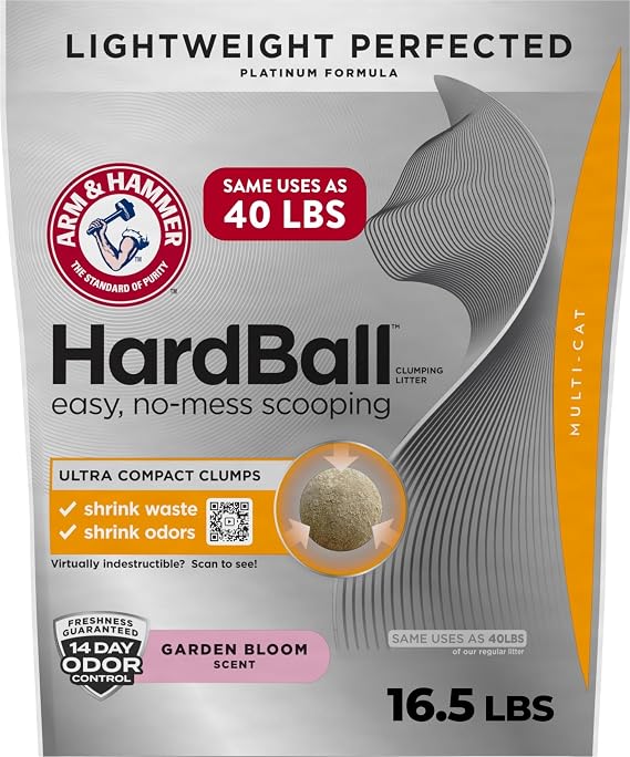 ARM & Hammer Hardball Lightweight Platinum Multi-Cat Clumping Cat Litter Odor Control, Easy No-Mess Scooping, Garden Bloom Scent, 16.5 Lbs.