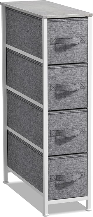Sorbus Narrow Dresser with 4 Drawers - Vertical Slim Storage Chest of Drawers with Steel Frame, Wood Top & Easy Pull Fabric Bins for Small Spaces, Closets, Bedroom, Bathroom & Laundry (Gray)