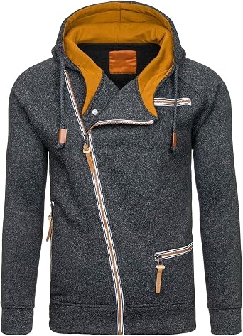 JEsilunmaMY Mens Hooded Sweatshirts Asymmetric Zip Long Sleeve Drawstring Hoodies Slim Fit Casual Pullover with Multi-Pocket