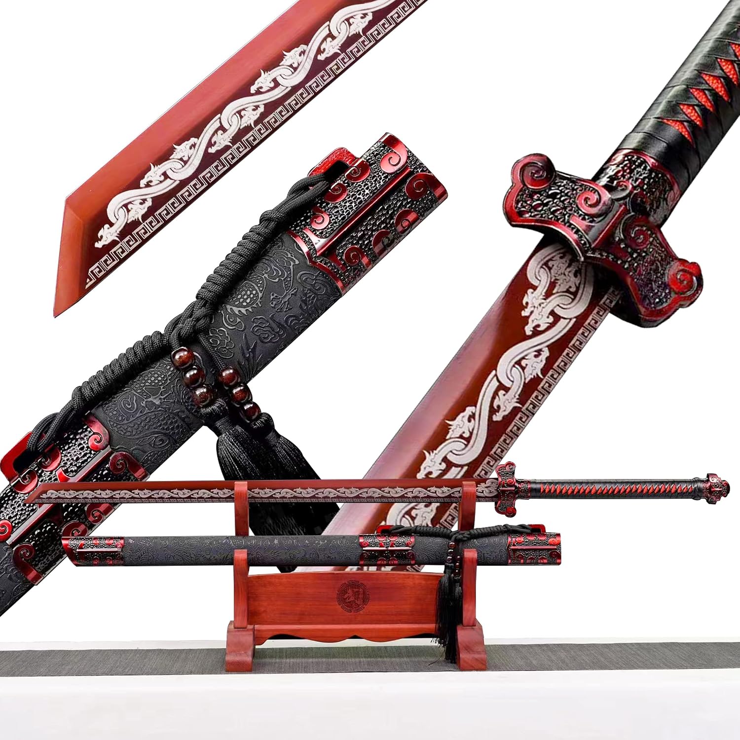 Manganese Steel Chinese Tang Dynasty Sword Straight red Blade Dragon Pattern Sheath Jian