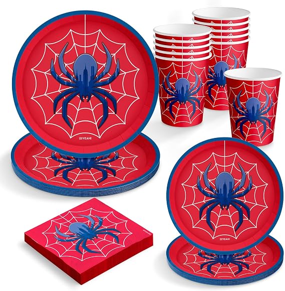 OH YEAH - Disposable Tableware Kit Spider Birthday Party 6 People - 42 Pieces - Disposable Plates, Cups, and Napkins - Decoration Tableware Children's Birthday Theme - Table Kit