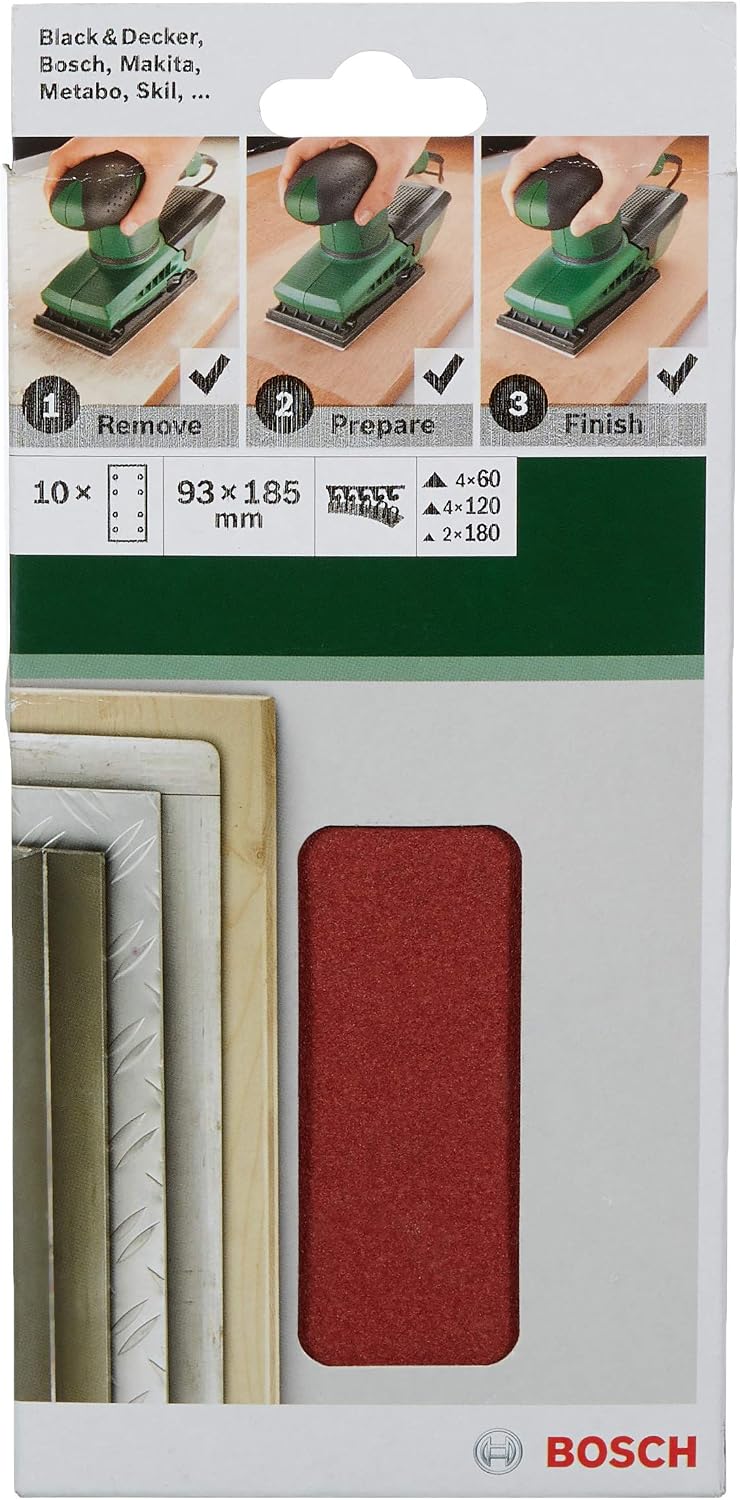 Bosch Vibrating Sandpaper Set of 10, 93, 185 mm 60120180 Sand 8 Holes, Grey