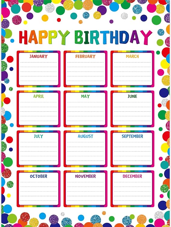 Vantasii Classroom Birthday Chart With 20 Glue Dots, Reusable Happy birthday Poster, Confetti Classroom Decoration, Dry Erase Wall Calendar, Laminated Bulletin Board Decor School Supplies 12.6X17