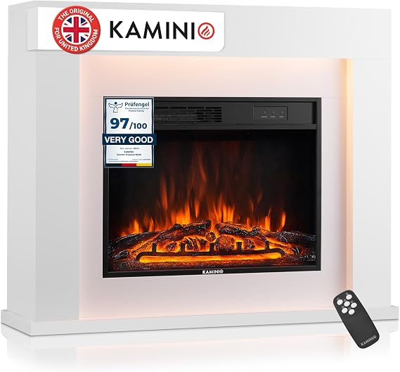 KAMINIO® Matti MODERN 38 White Electric fire and surround with heater | Free standing electric fireplace with mantel, 3D flame effect, LED ambient light, timer, thermostat & remote control