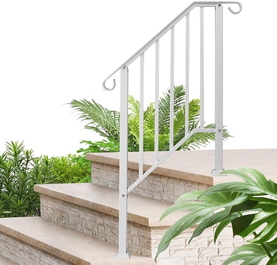 3 Step Handrails for Outdoor Steps, Fits 2 or 3 Steps Galvanized Iron Stair Railing, Metal Hand Rail with Installation Kit, Staircase Handrails for Porch, Deck, Concrete, Exterior Steps, White