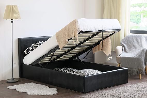 MODERNIQUE® Bilancio Ottoman Storage Black Faux_Leather Super King Sized (6FT) Bounce Sprung Slats Base, Gas Lift up End Up Fabric Covered Floor Massive Storage Bed (Black, Super King 6FT)