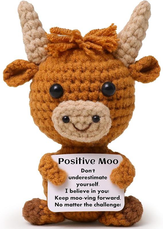 OkiyiD Handmade Highland Cow Plush, Crochet Emotional Support Toy | Scottish Highlander Cow Gift for Women, with Positivity Card, Hand Knitted Soft Doll for Birthday, Christmas, Friends
