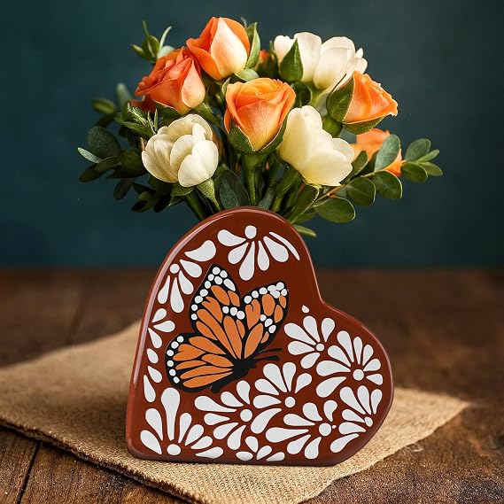 Mexican Ceramic Vases Talavera Monarch Butterfly Flower Vase Clay Cantaritos De Barro Mexicanos Rustic Boho Ceramic Art Vase for Mexican Wedding Table Decorations Fiesta Centerpiece