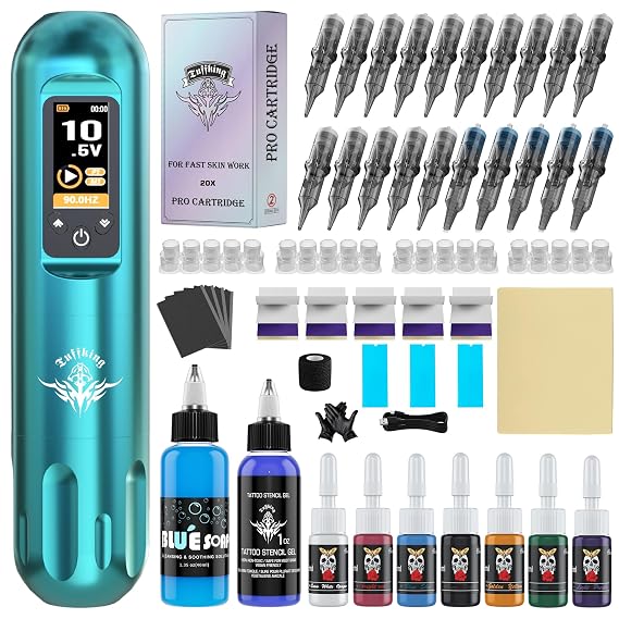 Tattoo Machine Kit Rotary Wireless Tattoo Gun Kit with 20pcs Extra Smooth Cartridge Needles Practice Skin Tattoo Supplies for Beginners & Professional Artists