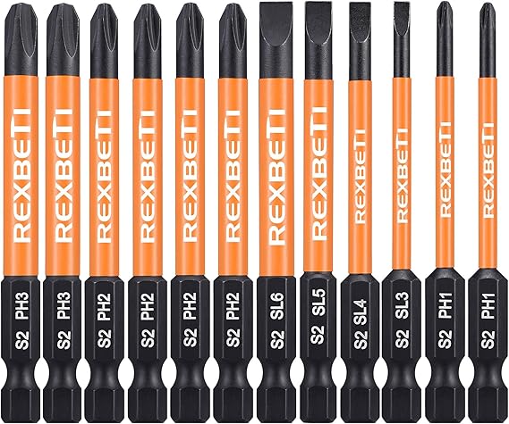 REXBETI 12 Piece Slotted Phillips Screwdriver Bit Set, 1/4 Inch Hex Shank S2 Steel Magnetic 3 Inch Long Drill Bits