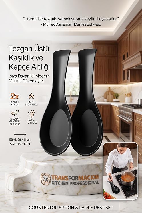 Transformacion Siyah 2'li Tezgah Üstü Kaşıklık ve Kepçe Altlığı Seti - Isıya Dayanıklı Modern Mutfak Düzenleyici ve Kaşık Tutucu 723326