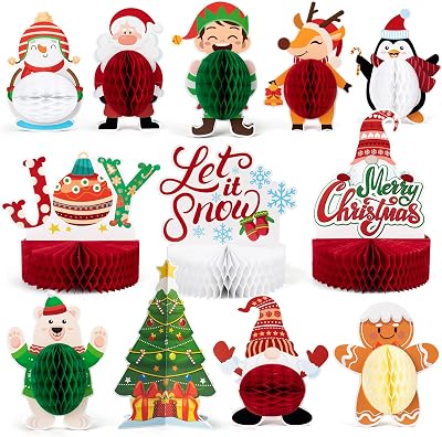 Mocoosy 12 Pack Christmas Party Honeycomb Centerpieces for Table Decorations, Xmas Center Pieces Table Topper with Gnome Santa Snowman Tabletop Centerpieces Decor Holidays Winter Office Party Supplies