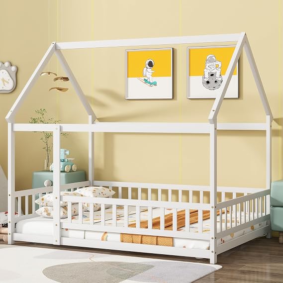 Full Size Bed with Fence and Door, White | wooden bed with roof frame, safety guardrails