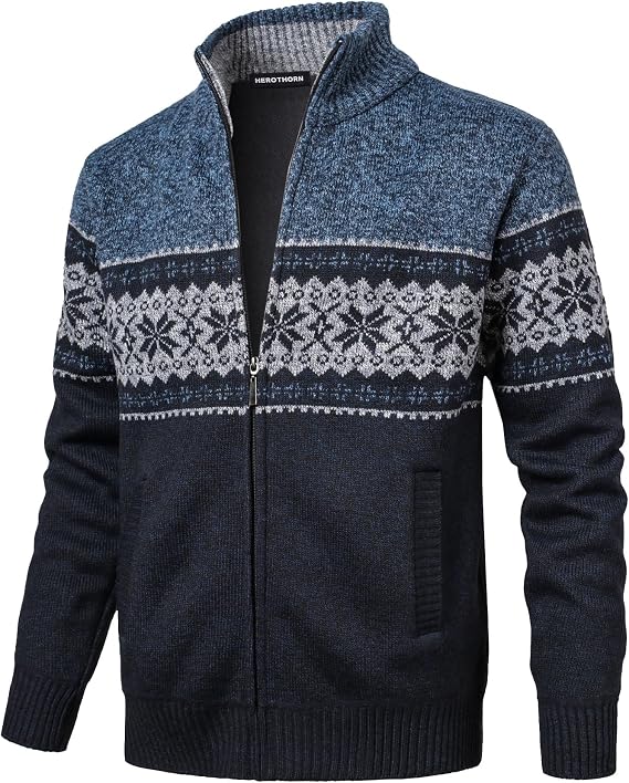 Men's Full Zip Cardigan Snowflakes Pattern Sweater Knitted Cardigan with Pockets for Casual Christmas