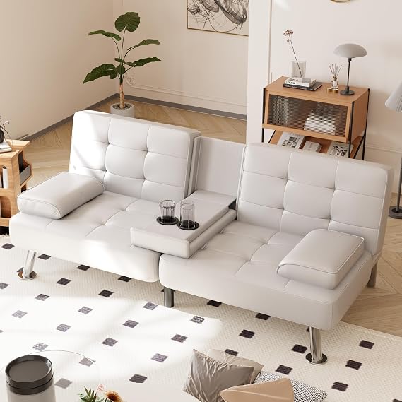 Shahoo Leather Convertible Futon Sofa Bed, Folding Sleeper Loveseat Couch | Upholstered futon with removable armrests, metal legs and 2 cup holders for living room (White)