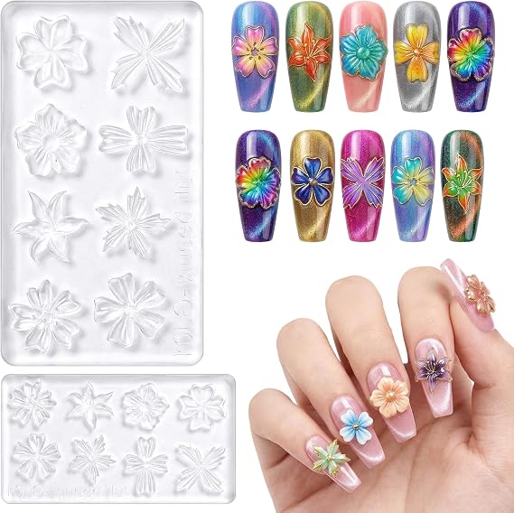 2Pcs 3D Flower Mold for Nails, Silicone Nail Art Molds with 8 Floral Design