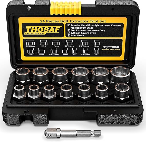 Impact Bolt & Nut Remover Set,14 Pieces Bolt Extractor Tool Set, 3/8" Drive Impact Bolt & Nut Remover Socket Tool Kit, Stripped For Damaged, Frozen, Studs, Rusted, Rounded-Off Bolts, Nuts & Screws