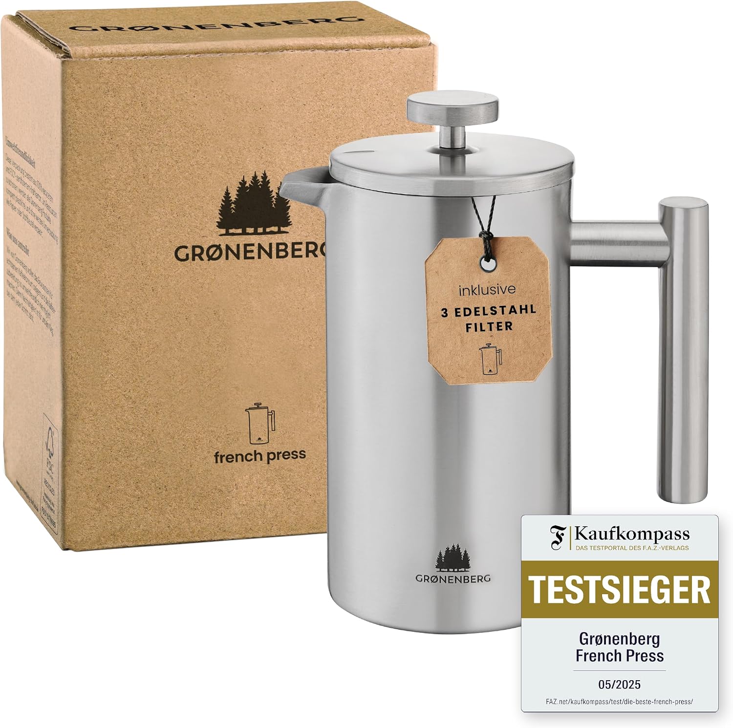 groenenberg french press stainless steel 0.35-1 liter 2-5 cups coffee maker double-walled insulated coffee press incl. replacement filters & step-by-step instructions english language not coffee press dishwasher safe