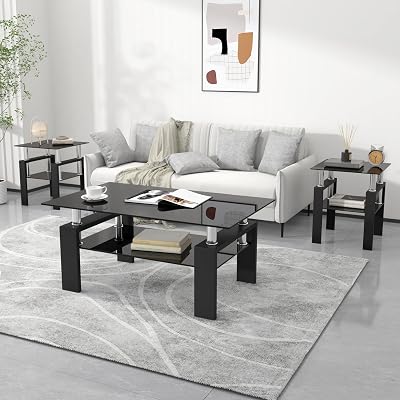 3 Piece Coffee Table Set, Include 1 Coffee Table & 2 End Tables, Living Room Table Set with Tempered Glass and Metal Frame for Living Room, Bedroom, Small Space, Black