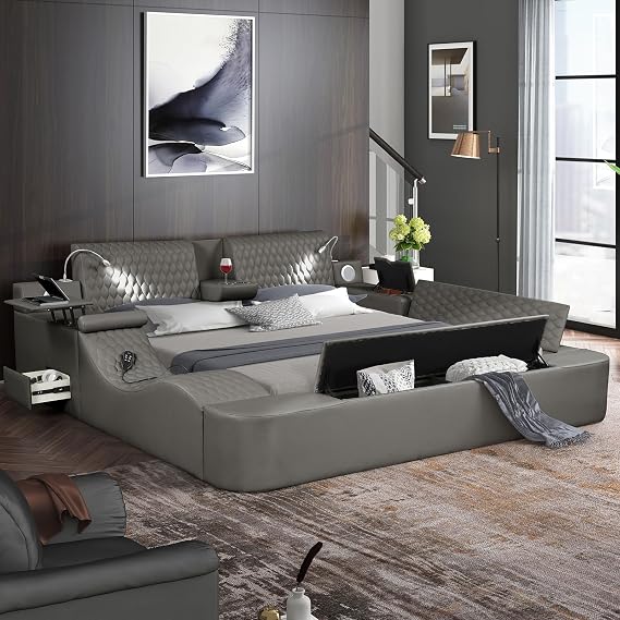 Smart Bed with Massage Recliner Chair - Luxury Bed Frame King Size with Reading Light, USB Port and Speaker, Multifunctional Upholstered Bed Frame with Lift End Table and Storage Footrest