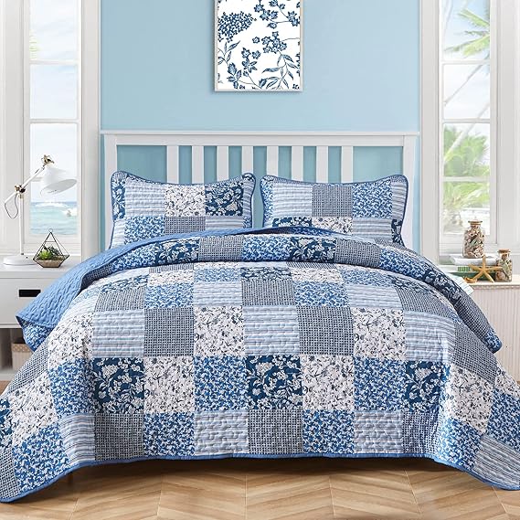 Mybedsoul Boho Quilts Queen Size, Patchwork Floral Bedding Set, Blue