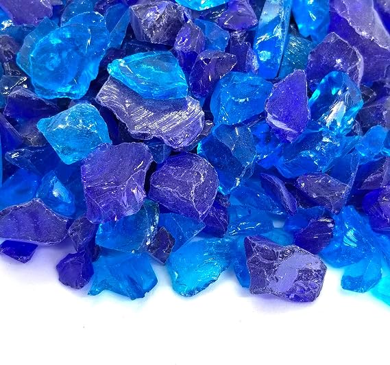 (5-POUNDS Cobalt & Blue Blend Premium Indoor & Outdoor Crushed Fire Glass Rock Large 1/2, 3/4 & 1" inch Chunky Size - Glass for Use in Gas Fire Pit, Fireplace, (Eastern Sea)