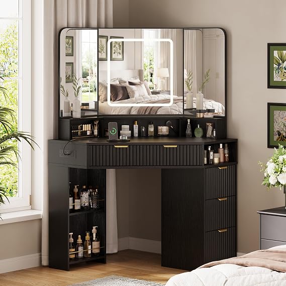 Maupvit 44" Fluted Makeup Vanity Desk with 3 Way Mirror and Lights, Corner Vanity Table with Charging Station, Modern Dressing Table with 4 Drawers, Storage Cabinets & Shelves for Bedroom, Black