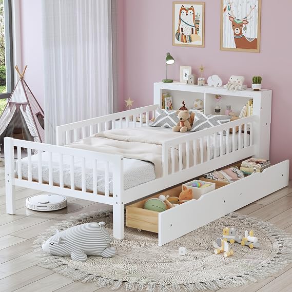 Twin Size Platform Bed, Wood Frame with Headboard Storage Rack, Two Storage Drawers and Guardrails on Both Sides for Bedroom, Wood Slat Support, No Box Spring Needed, Easy Assembly (White)